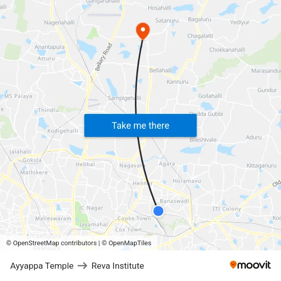 Ayyappa Temple to Reva Institute map