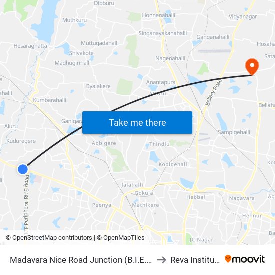 Madavara Nice Road Junction (B.I.E.C) to Reva Institute map