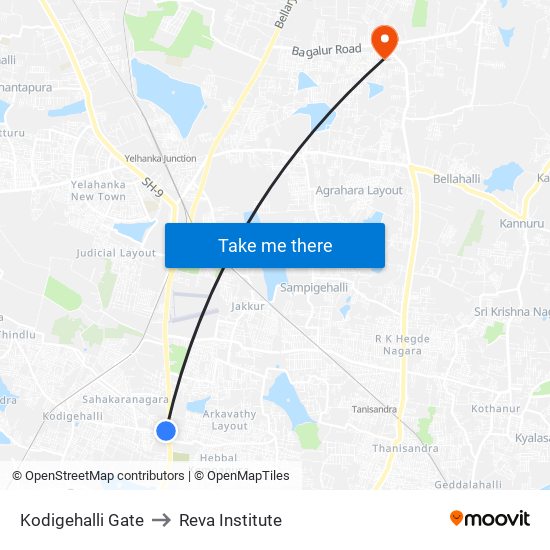 Kodigehalli Gate to Reva Institute map