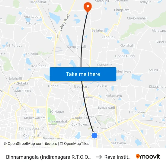 Binnamangala (Indiranagara R.T.O.Office) to Reva Institute map
