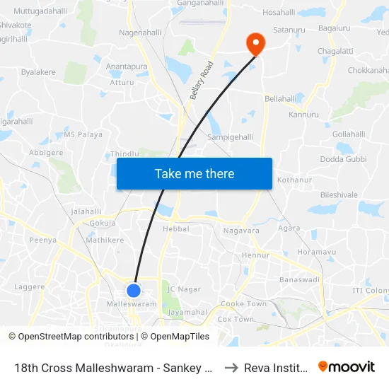 18th Cross Malleshwaram - Sankey Road to Reva Institute map