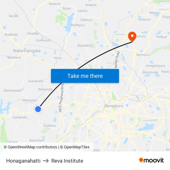 Honaganahatti to Reva Institute map