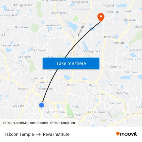 Iskcon Temple to Reva Institute map