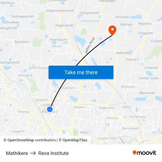 Mathikere to Reva Institute map