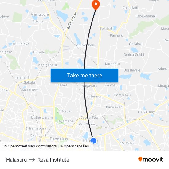Halasuru to Reva Institute map