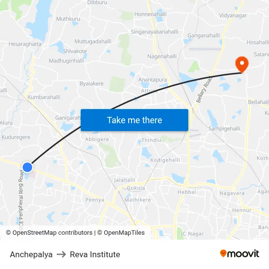Anchepalya to Reva Institute map