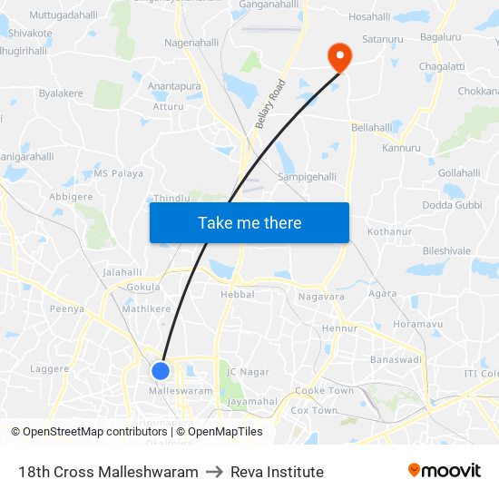 18th Cross Malleshwaram to Reva Institute map