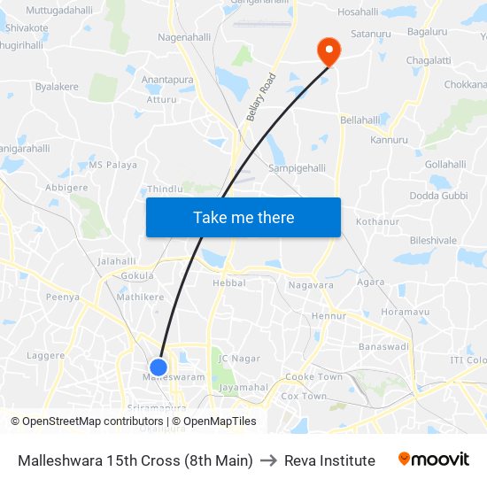 Malleshwara 15th Cross (8th Main) to Reva Institute map