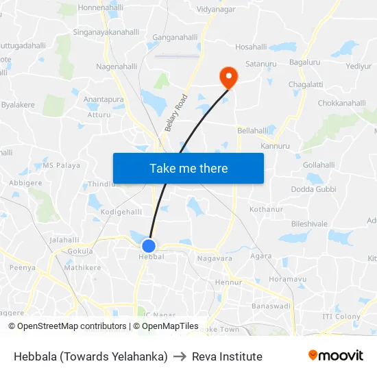 Hebbala (Towards Yelahanka) to Reva Institute map