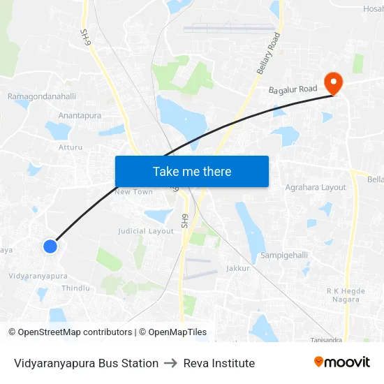 Vidyaranyapura Bus Station to Reva Institute map