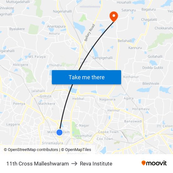 11th Cross Malleshwaram to Reva Institute map