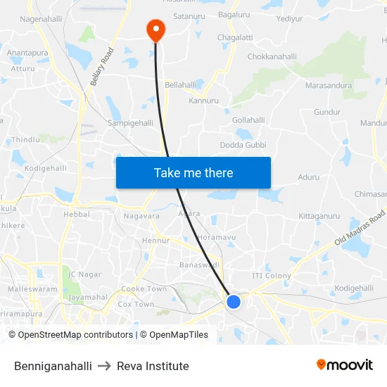 Benniganahalli to Reva Institute map