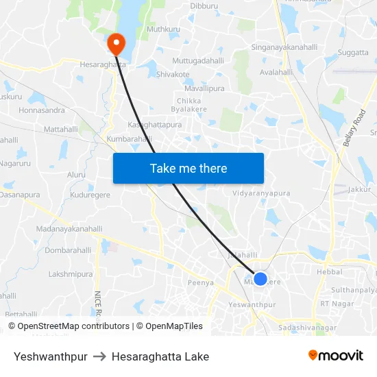Yeshwanthpur to Hesaraghatta Lake map
