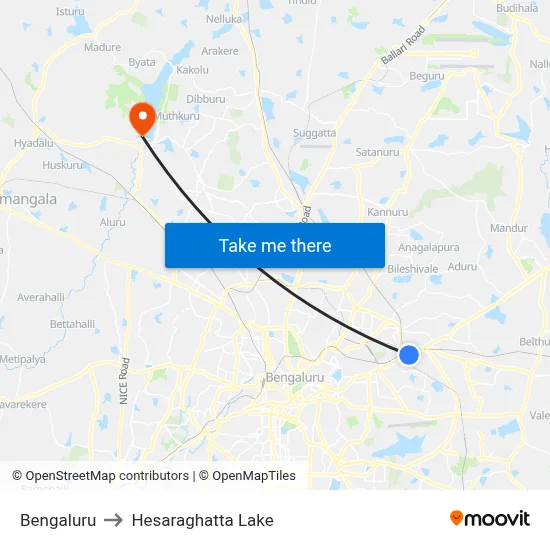 Bengaluru to Hesaraghatta Lake map