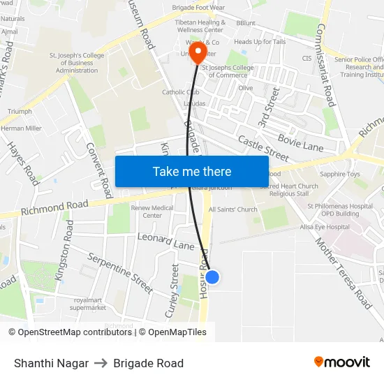 Shanthi Nagar to Brigade Road map