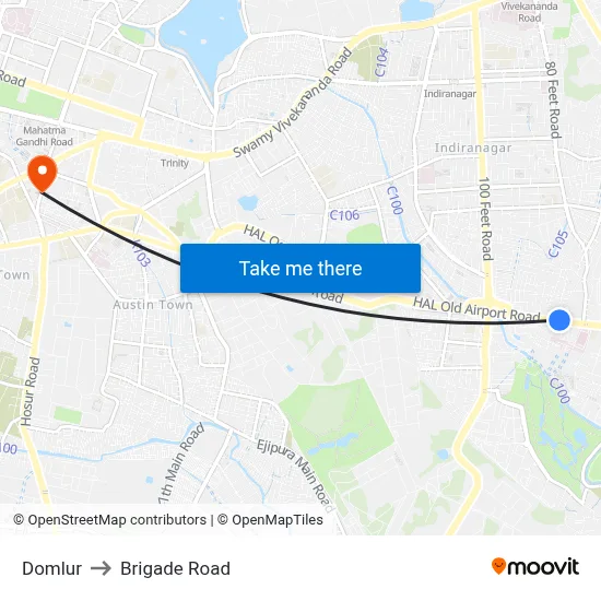 Domlur to Brigade Road map
