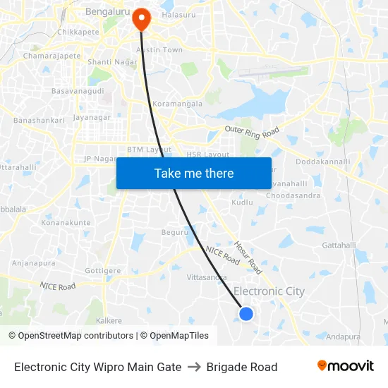 Electronic City Wipro Main Gate to Brigade Road map