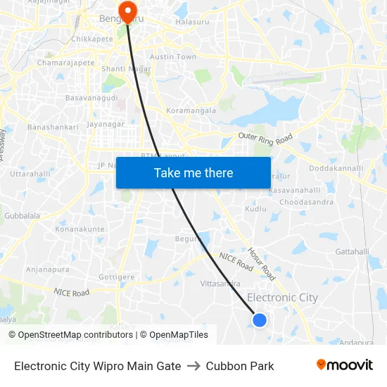 Electronic City Wipro Main Gate to Cubbon Park map