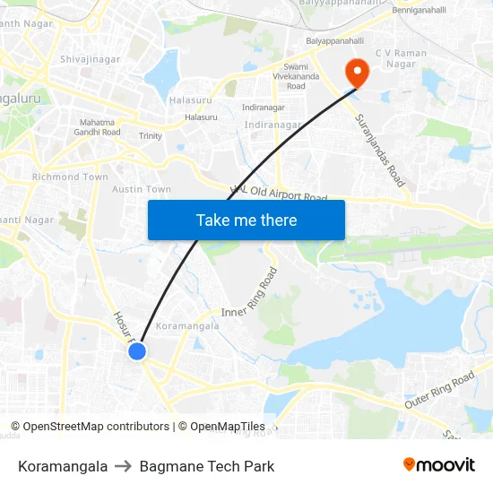 Koramangala to Bagmane Tech Park map