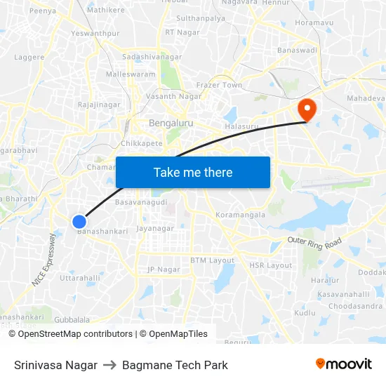 Srinivasa Nagar to Bagmane Tech Park map