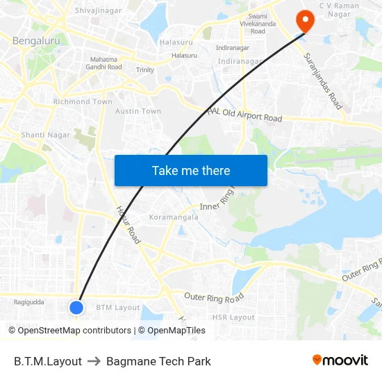 B.T.M.Layout to Bagmane Tech Park map