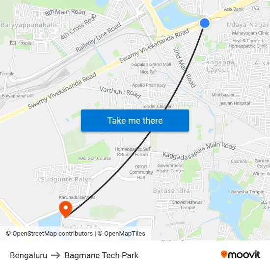 Bengaluru to Bagmane Tech Park map