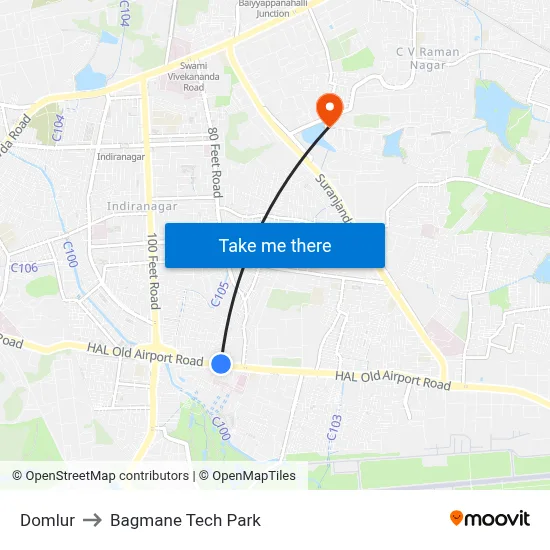 Domlur to Bagmane Tech Park map
