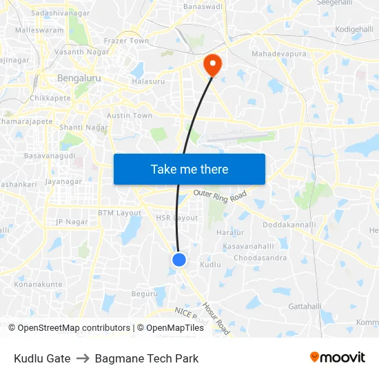कुद्लु गेट to बागमेन टेक पार्क map