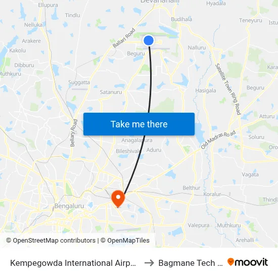 Kempegowda International Airport Road to Bagmane Tech Park map