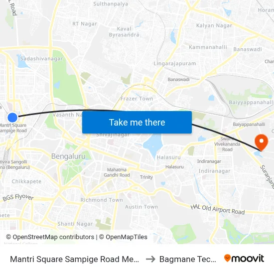 मंत्री स्क्वायर सम्पिगे रोड मेट्रो स्टेशन to बागमेन टेक पार्क map