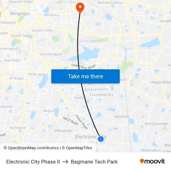 Electronic City Phase II to Bagmane Tech Park map