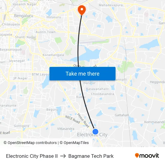 Electronic City Phase II to Bagmane Tech Park map