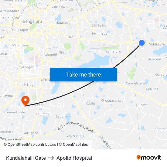 Kundalahalli Gate to Apollo Hospital map