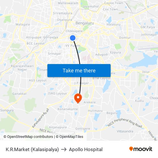 K.R.Market (Kalasipalya) to Apollo Hospital map