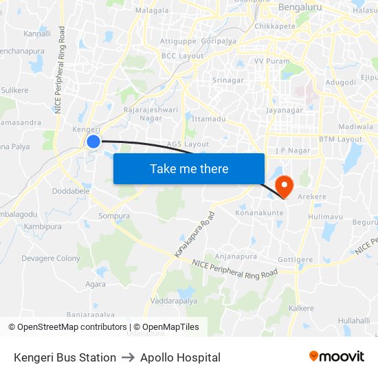 Kengeri Bus Station to Apollo Hospital map