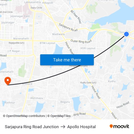 Sarjapura Ring Road Junction to Apollo Hospital map