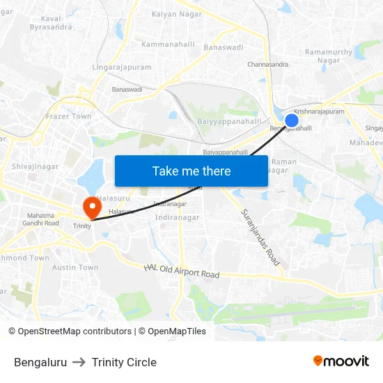 बेंगलुरु to ट्रिनिटी सर्कल map