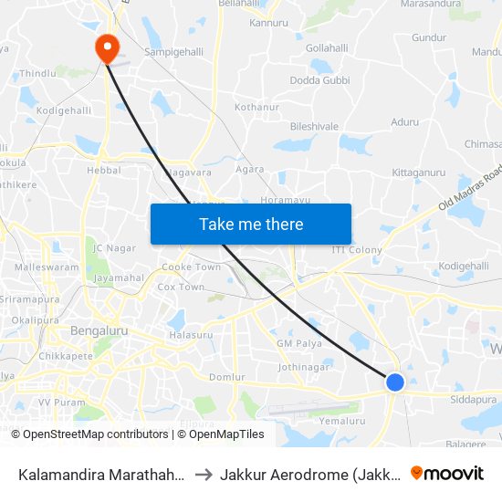 Kalamandira  Marathahalli Bridge to Jakkur Aerodrome (Jakkur Airport) map