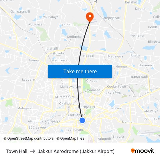 Town Hall to Jakkur Aerodrome (Jakkur Airport) map