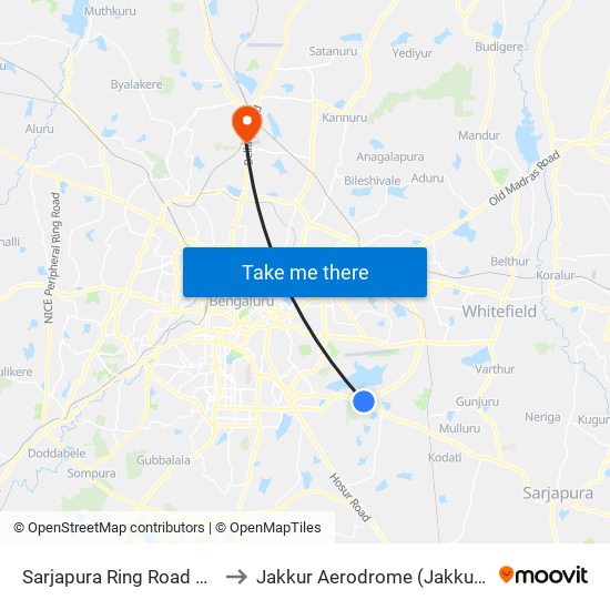 Sarjapura Ring Road Junction to Jakkur Aerodrome (Jakkur Airport) map