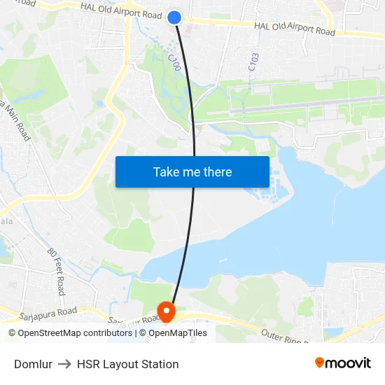 Domlur to HSR Layout Station map