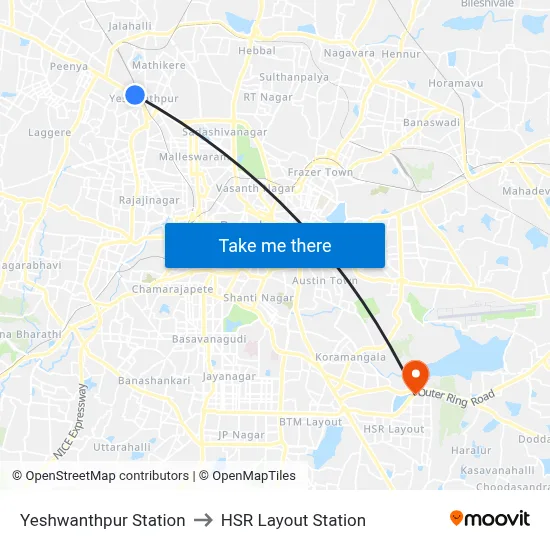 Yeshwanthpur Station to HSR Layout Station map