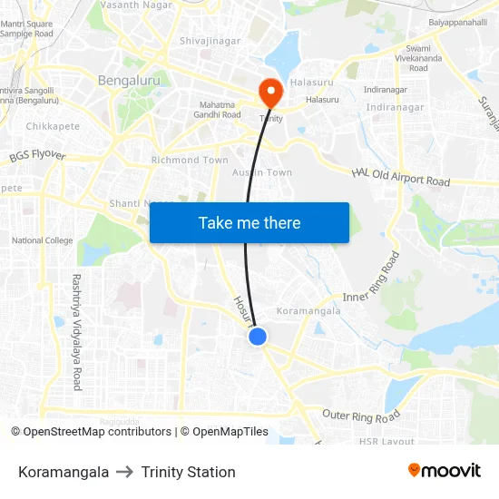 Koramangala to Trinity Station map