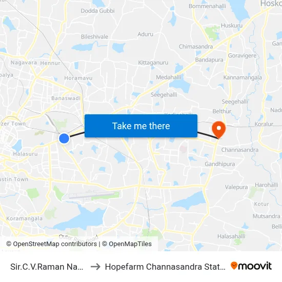 Sir.C.V.Raman Nagar to Hopefarm Channasandra Station map