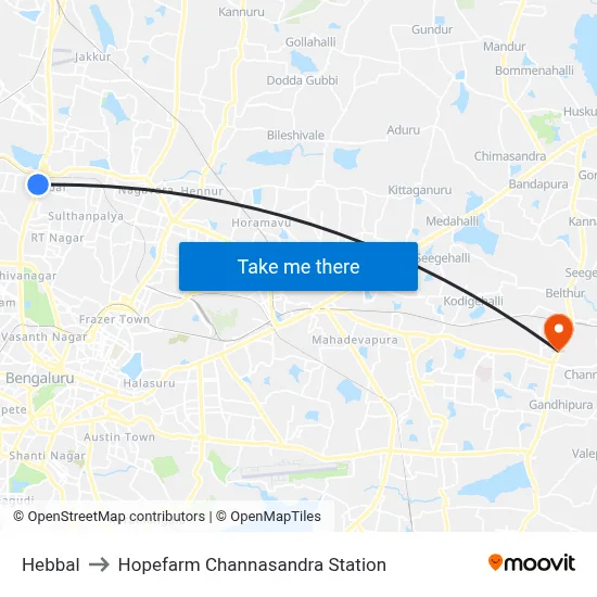 Hebbal to Hopefarm Channasandra Station map