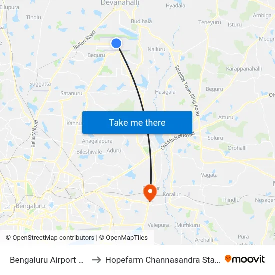 Bengaluru Airport BLR to Hopefarm Channasandra Station map