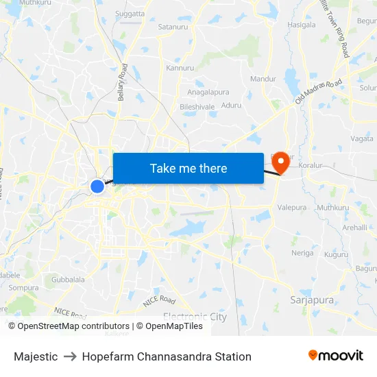 Majestic to Hopefarm Channasandra Station map