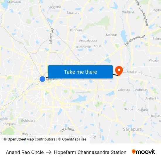 Anand Rao Circle to Hopefarm Channasandra Station map