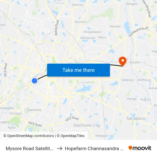 Mysore Road Satellite B.S. to Hopefarm Channasandra Station map