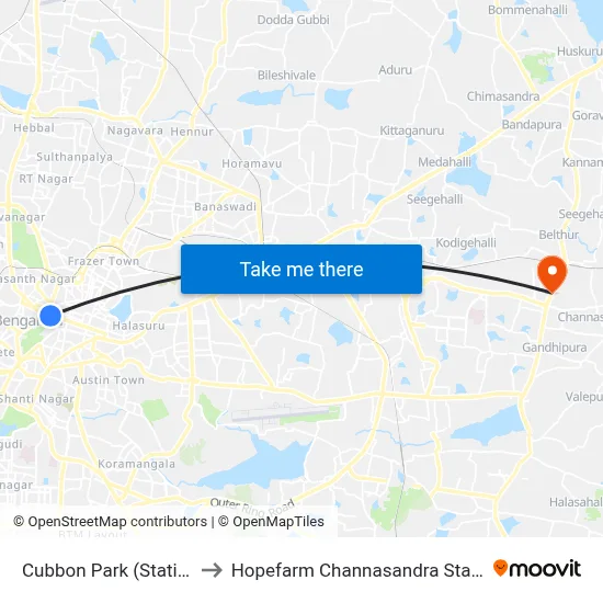 Cubbon Park (Station) to Hopefarm Channasandra Station map